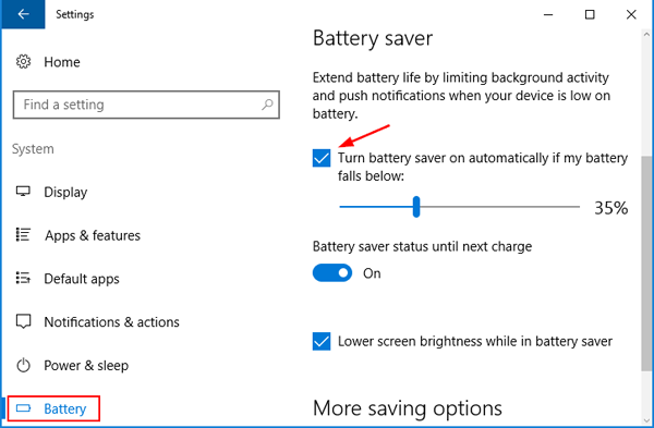 فعالسازی حالت Battery Saver در ویندوز 10