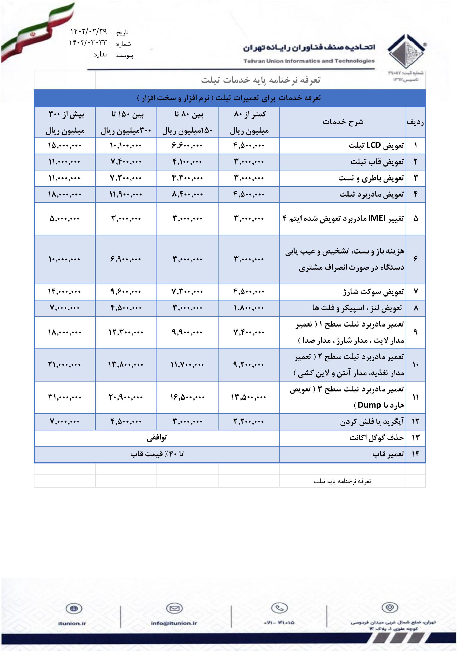 نرخ نامه خدمات تبلت-نرخ‌‌نامه خدمات دلیران نرخ‌‌نامه خدمات کامپیوتری