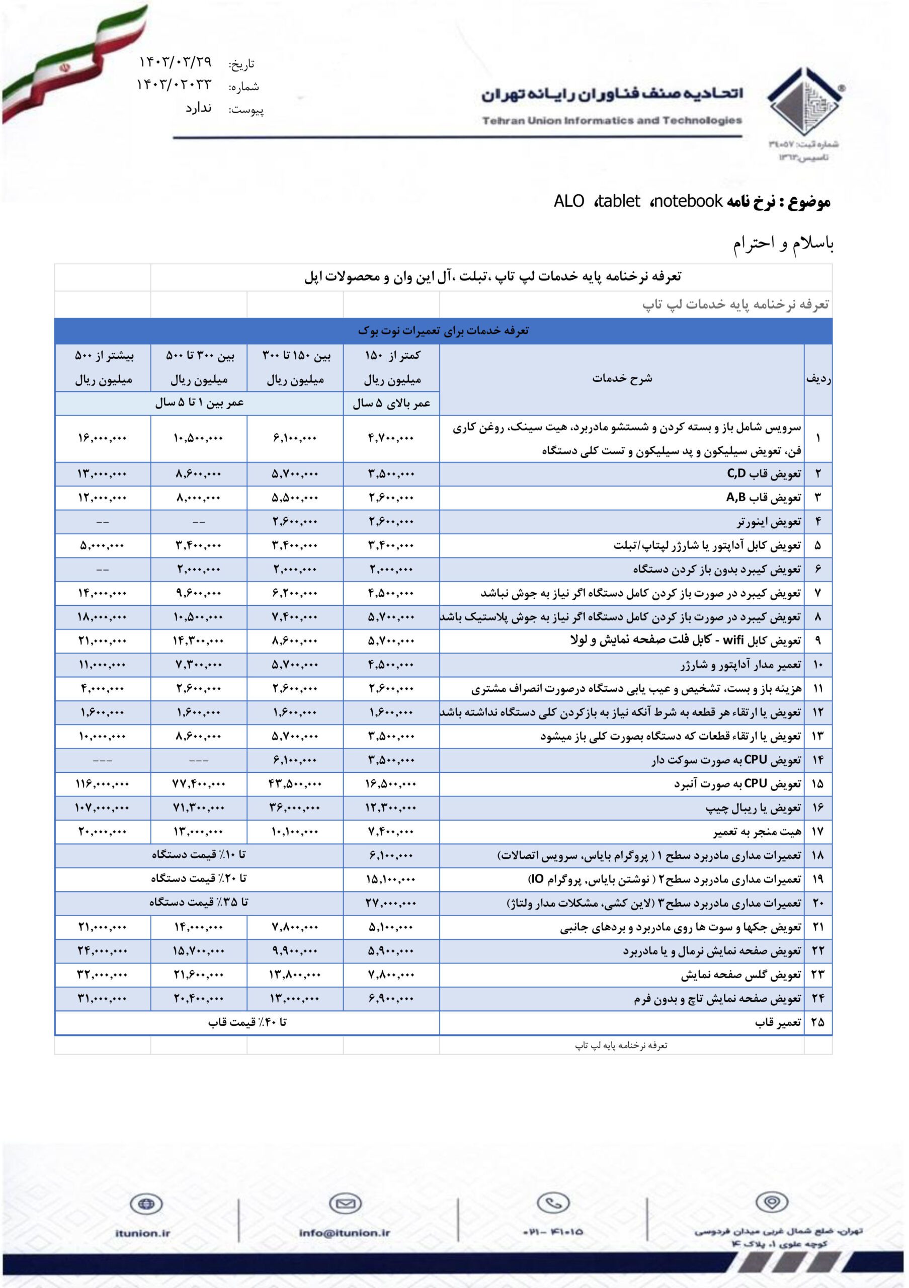 نرخ نامه خدمات لپ تاپ