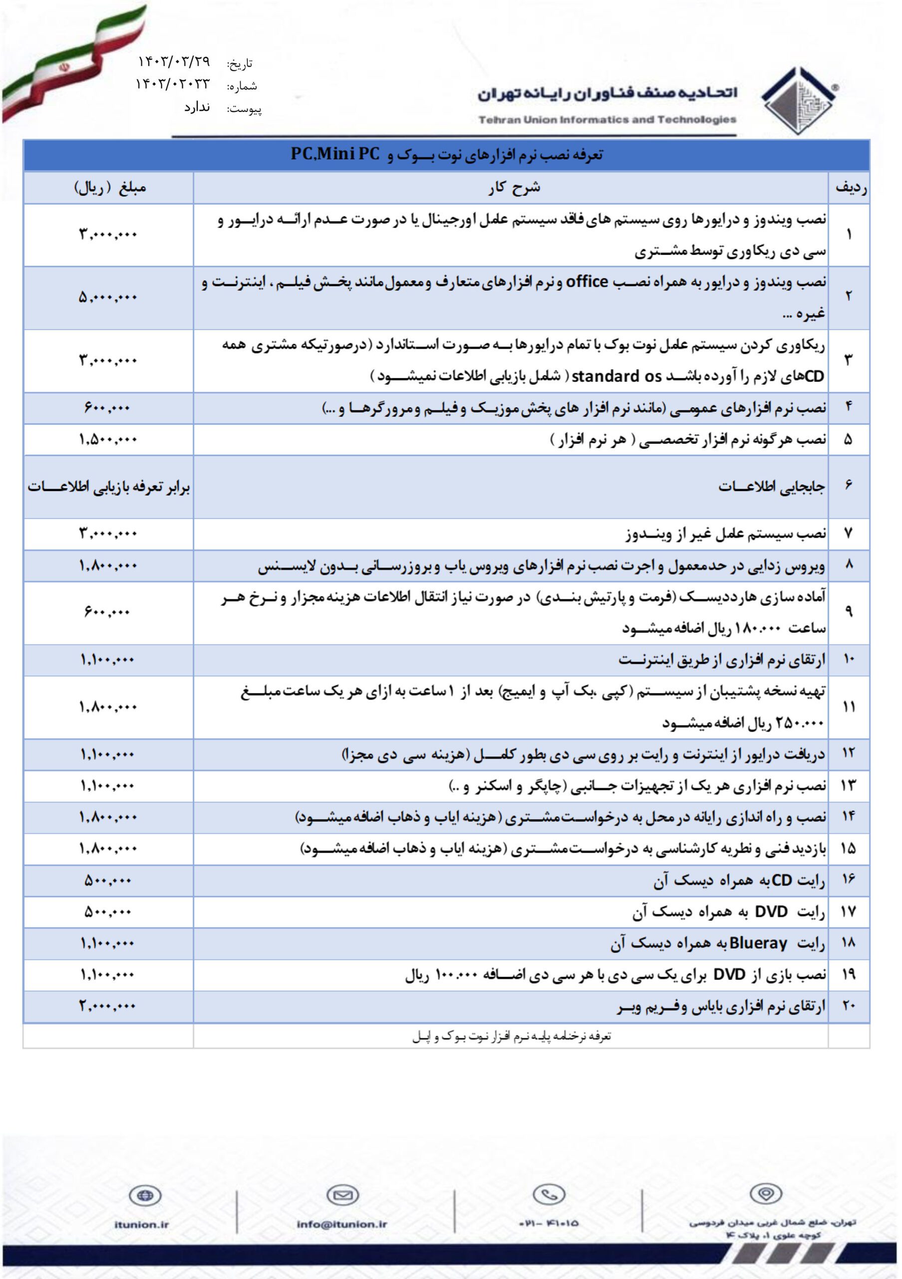 نرخ نامه خدمات نرم افزاری 