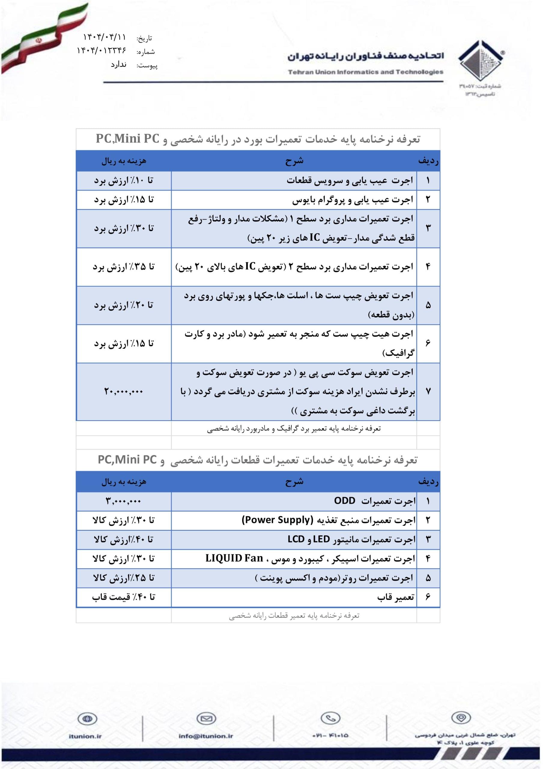 نرخ نامه خدمات کیس