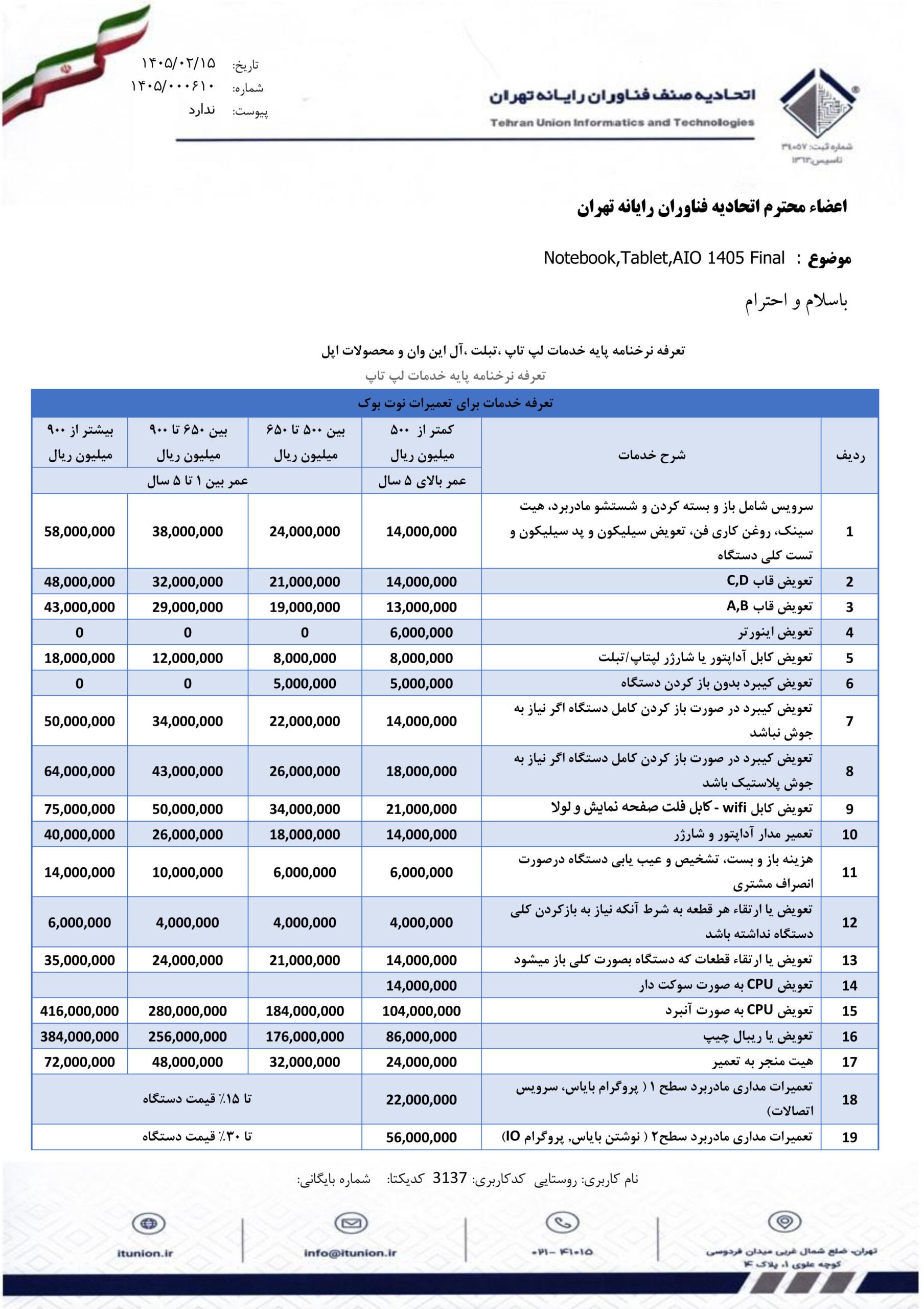 نـرخنامـه خدمات 2 نرخنامه خدمات دلیران نرخنامه خدمات کامپیوتری